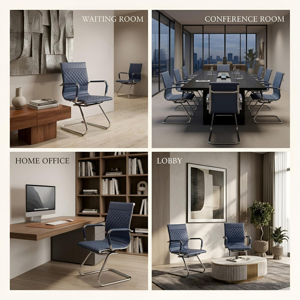 HNY Office Desk Chair No Wheels Set of 8 - PU Leather Waiting Room Chairs with Arms - Conference Room Chairs 400LB Capacity Sled Base, Reception Chair for Home Office, Lobby, School Navy Blue