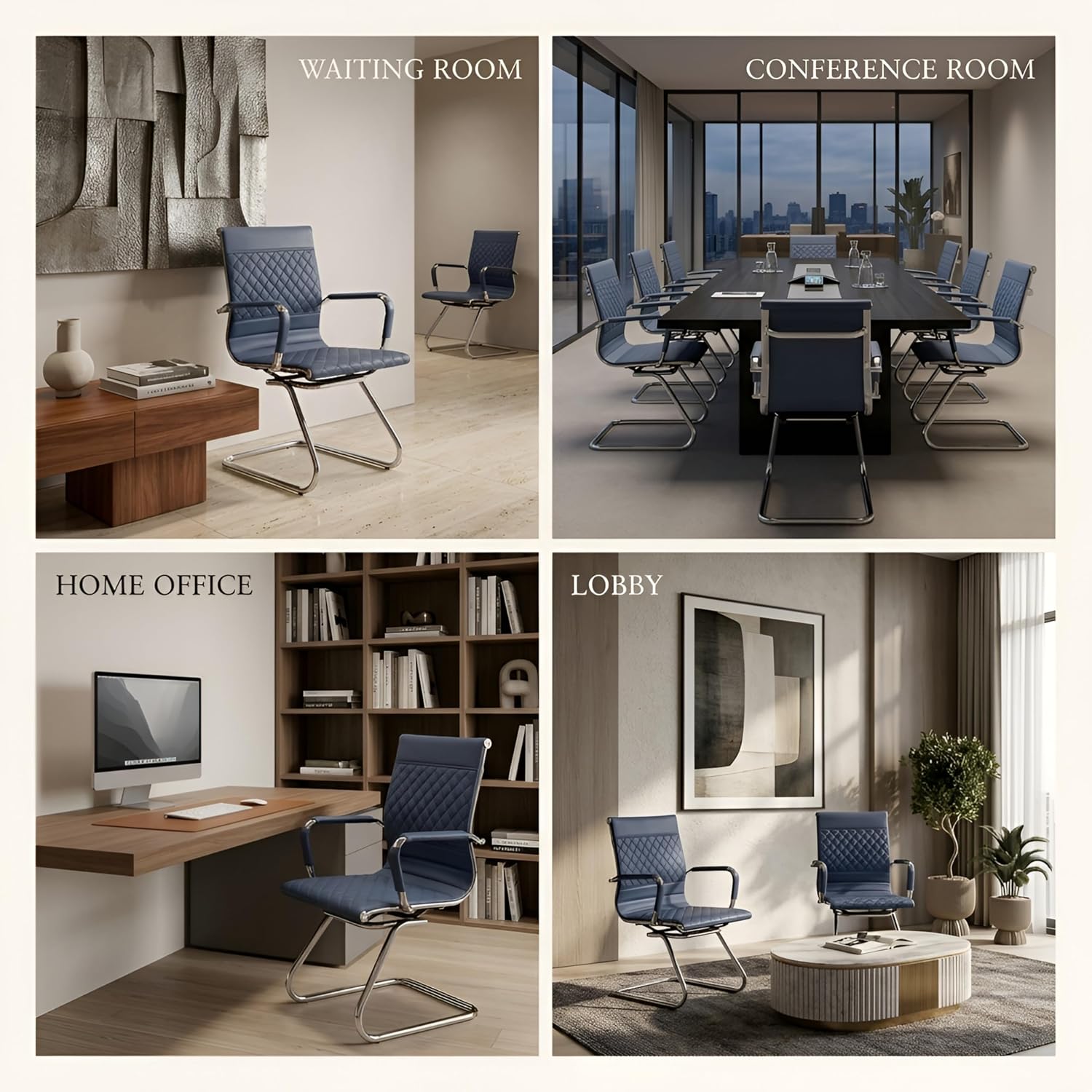 HNY Office Desk Chair No Wheels Set of 8 - PU Leather Waiting Room Chairs with Arms - Conference Room Chairs 400LB Capacity Sled Base, Reception Chair for Home Office, Lobby, School Navy Blue