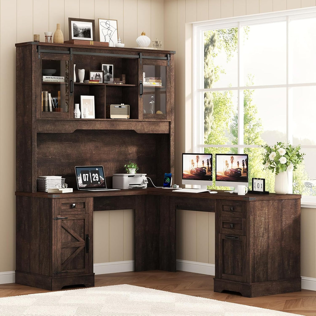 Squireewo 68.9'' Farmhouse L Shaped Desk with Hutch and Drawers, 76" High Wood Executive Home Office Desk with Charging Station, File Drawer and Cabinet, Computer Corner Desk with Sliding Doors, Brown