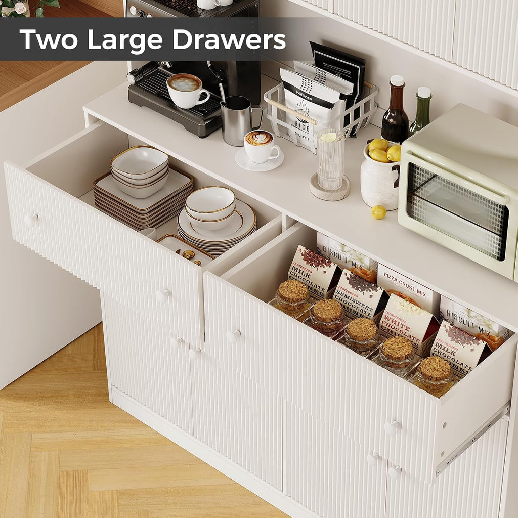 Garvee 47" Fluted Kitchen Pantry Cabinet with Countertop and Charging Station - Tall Pantry Storage Cabinet with 2 Drawers and Adjustable Shelves for Dining Room, Living Room