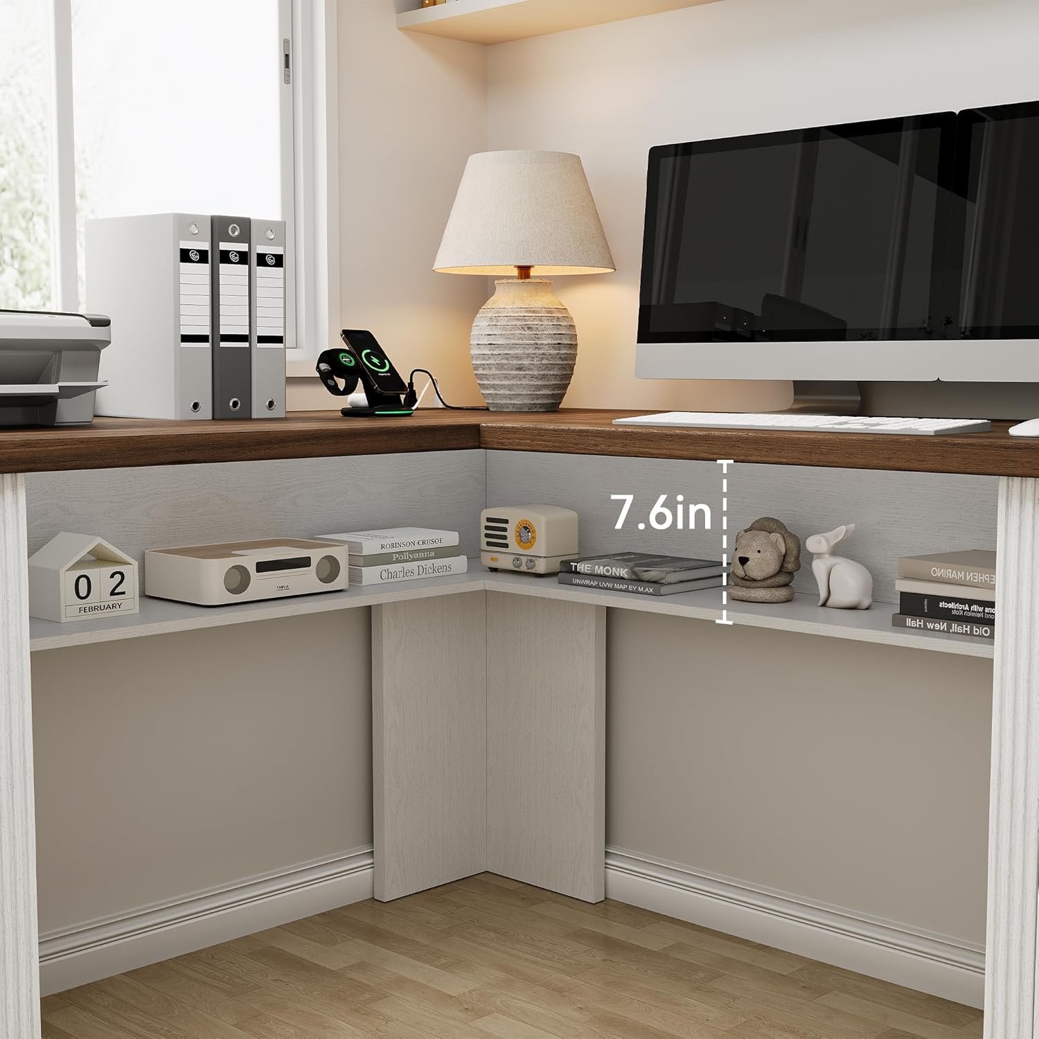 Farmhouse L Shaped Executive Desk with 4 Drawers and Charging Station, Wood Corner Home Office Computer Desk with File Cabinet Storage, Hidden Under Desk Storage Shelf, Headphone Hook - Brown+White