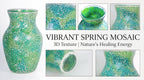 8" Organic Green Mosaic Vase, Heavy Glass Healing Spring Decor Centerpiece, Hand-Pasted Crackle Glass Flower Vase with Anti-Slip Base, Boho Nature Accent for Living Room & Bathroom