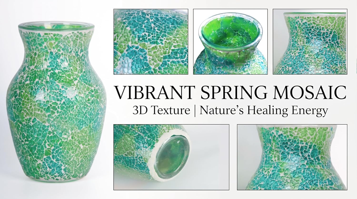 8" Organic Green Mosaic Vase, Heavy Glass Healing Spring Decor Centerpiece, Hand-Pasted Crackle Glass Flower Vase with Anti-Slip Base, Boho Nature Accent for Living Room & Bathroom