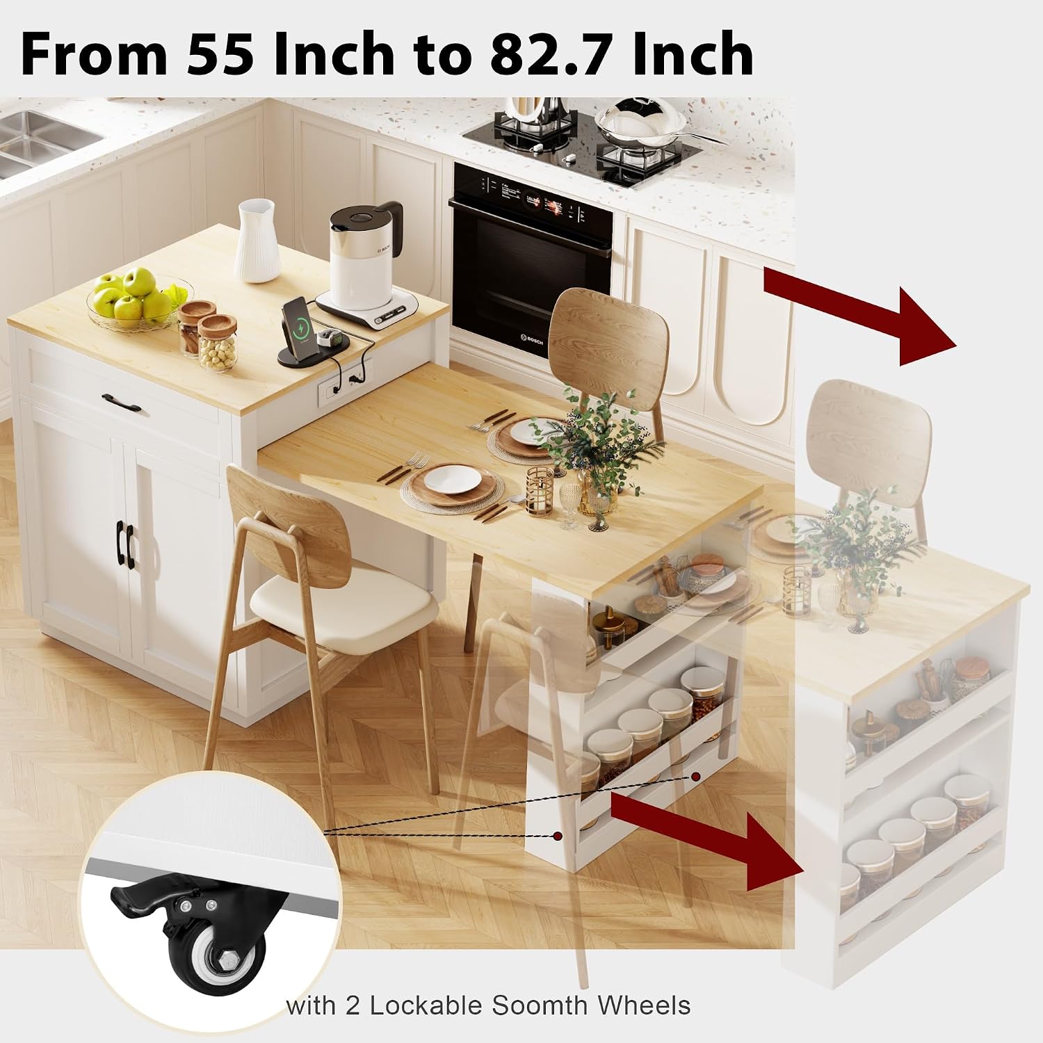 82.7” Kitchen Island with Extendable Dining Table for 4-6 Person, Two-Tone Dining Table with Double-Sized Storage, Power Outlet, Kitchen Island with 2 Side Open Shelves Storage, White