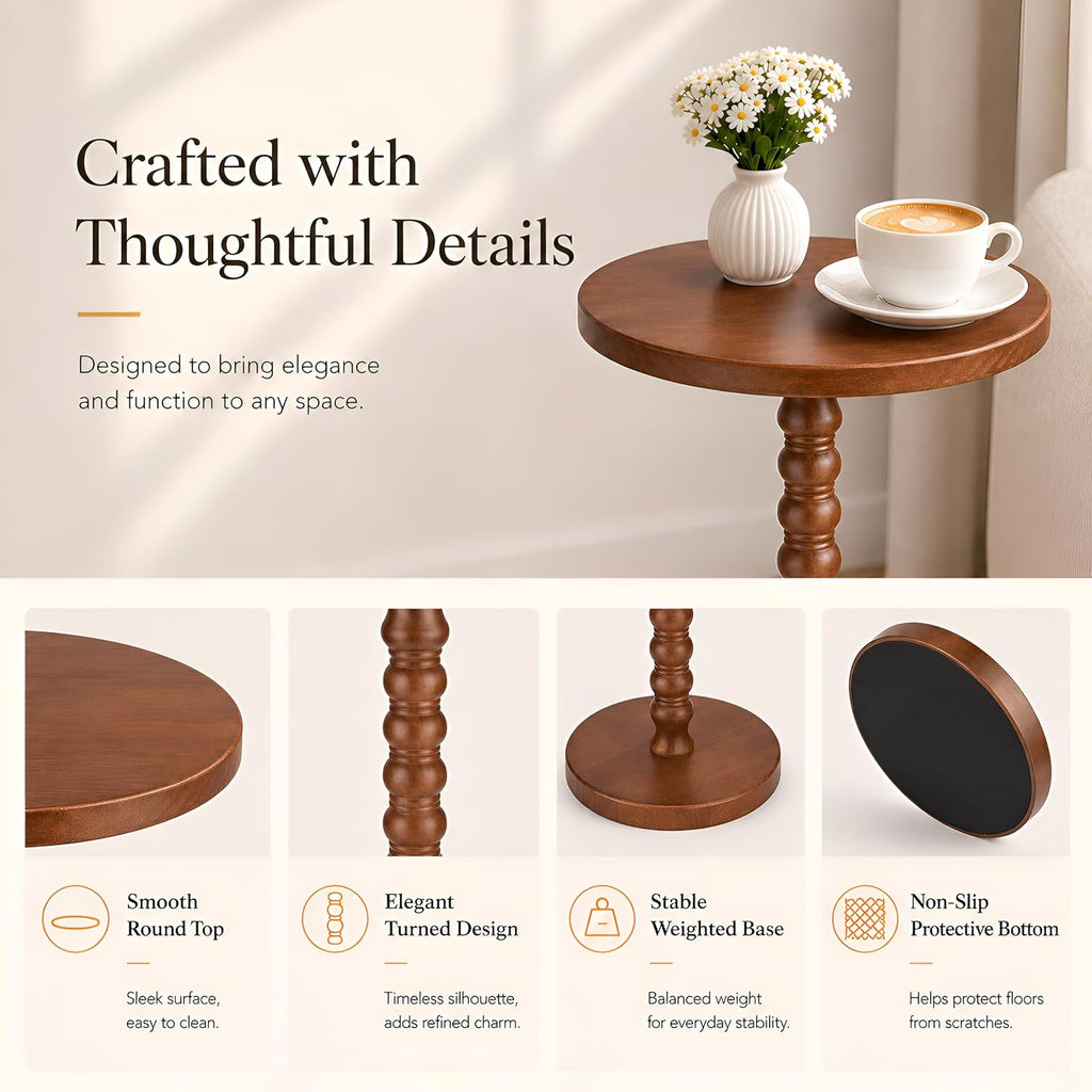 Solid Wood Round Side Table, Rustic Pedestal Drink Table for Small Spaces, Accent Nightstand Table for Living Room, Bedroom, Corners, and Office, Brown