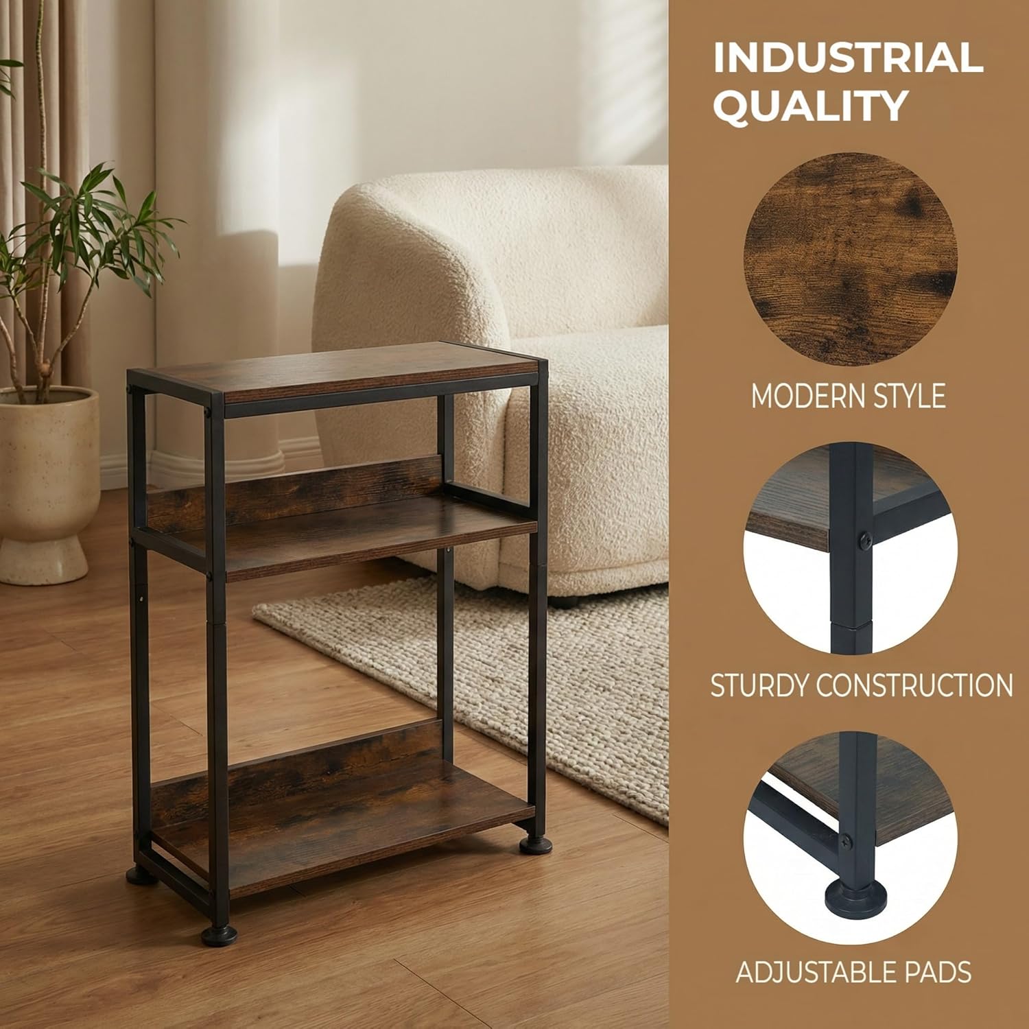 Seydrey 3 Tier End Table with Fabric Drawer, Small Side Table for Small Space, Sofa Table with Storage Shelf for Living Room, Bedroom, Black (Brown)