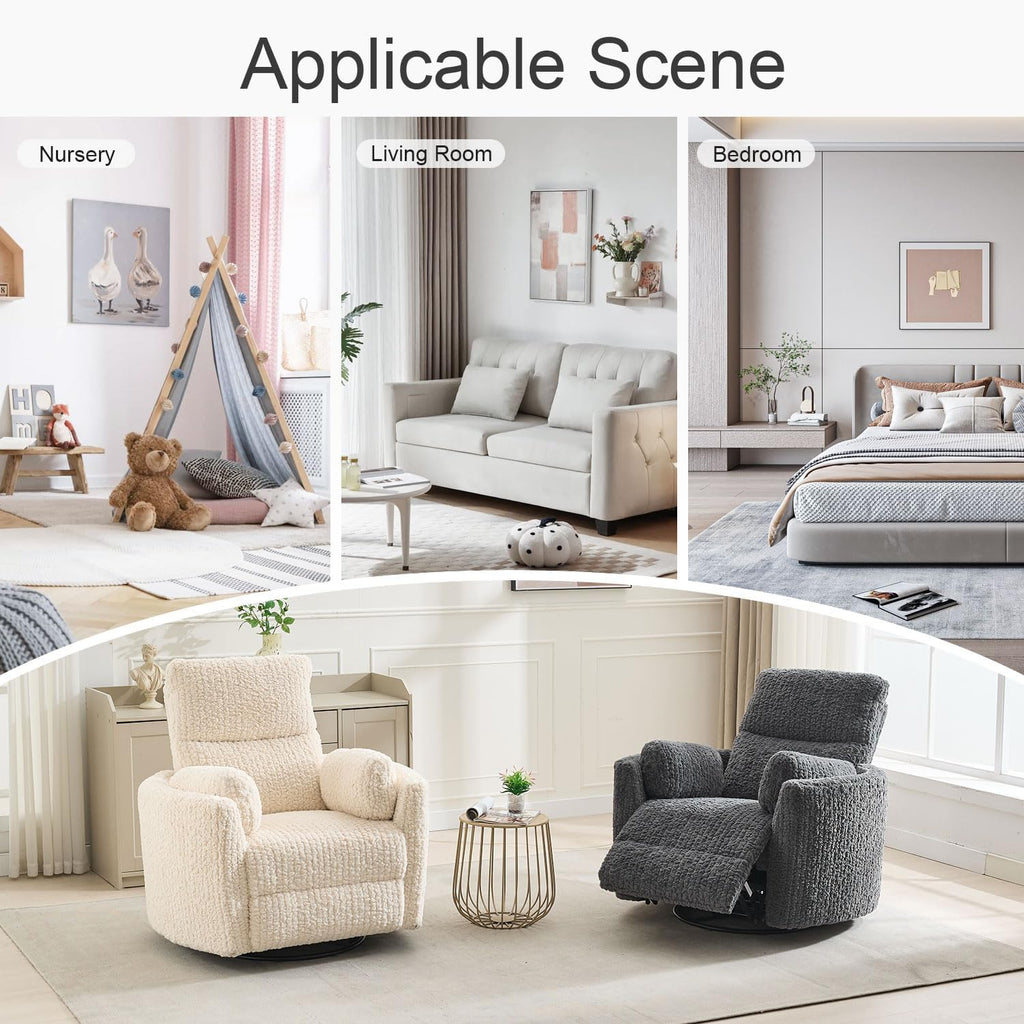 Nursery Rocking Chair, Boucle Upholstery Recliner with 2 Pillow, Swivel Glider Reclinerr, Power Reclining Sofa Chair for Living Room/Office/Apartment/Dark Gray