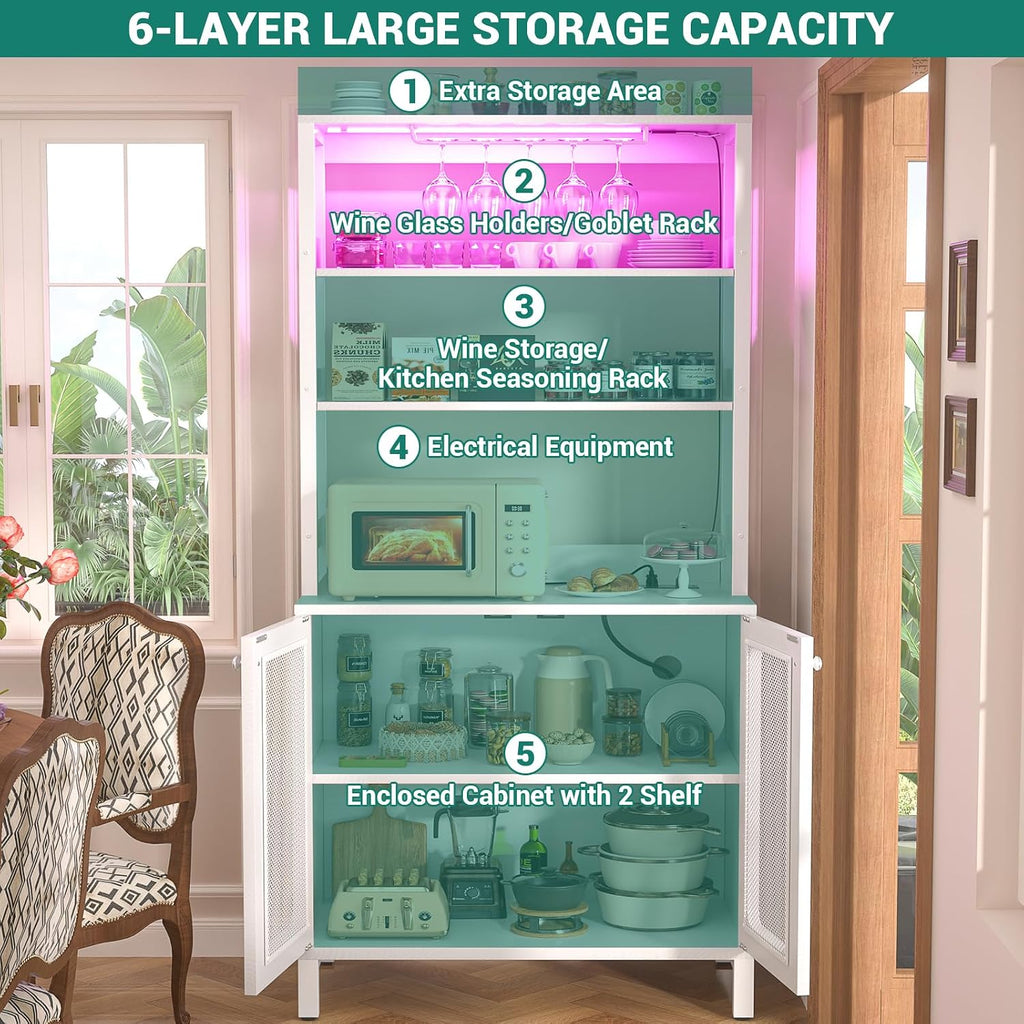 Aheaplus Bar Cabinet with Power Outlets, 67" Tall Wine Bar Cabinet Liquor Cabinet with LED Lights and Glass Holder, Coffee Bar Station for Living Room, Microwave Stand Bakers Rack Cabinet, White
