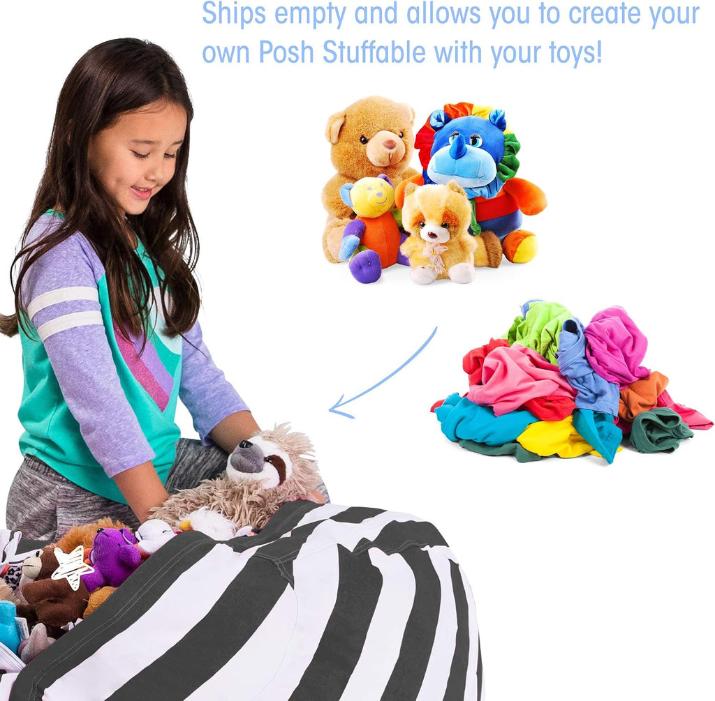 Posh Stuffable Kids Stuffed Animal Storage Bean Bag Chair Cover - Childrens Toy Organizer, Large 38" - Canvas Stripes Gray and White