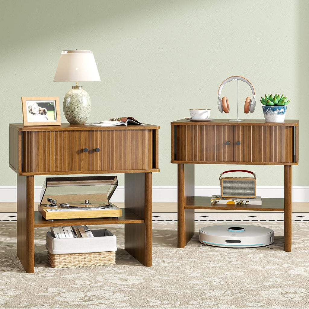 Fluted Nightstand Set of 2, Walnut End Table with Sliding Doors, Bedside Table Mid Century Modern with Open Shelf, Large Night Stand for Bedroom, Living Room, Space Saving