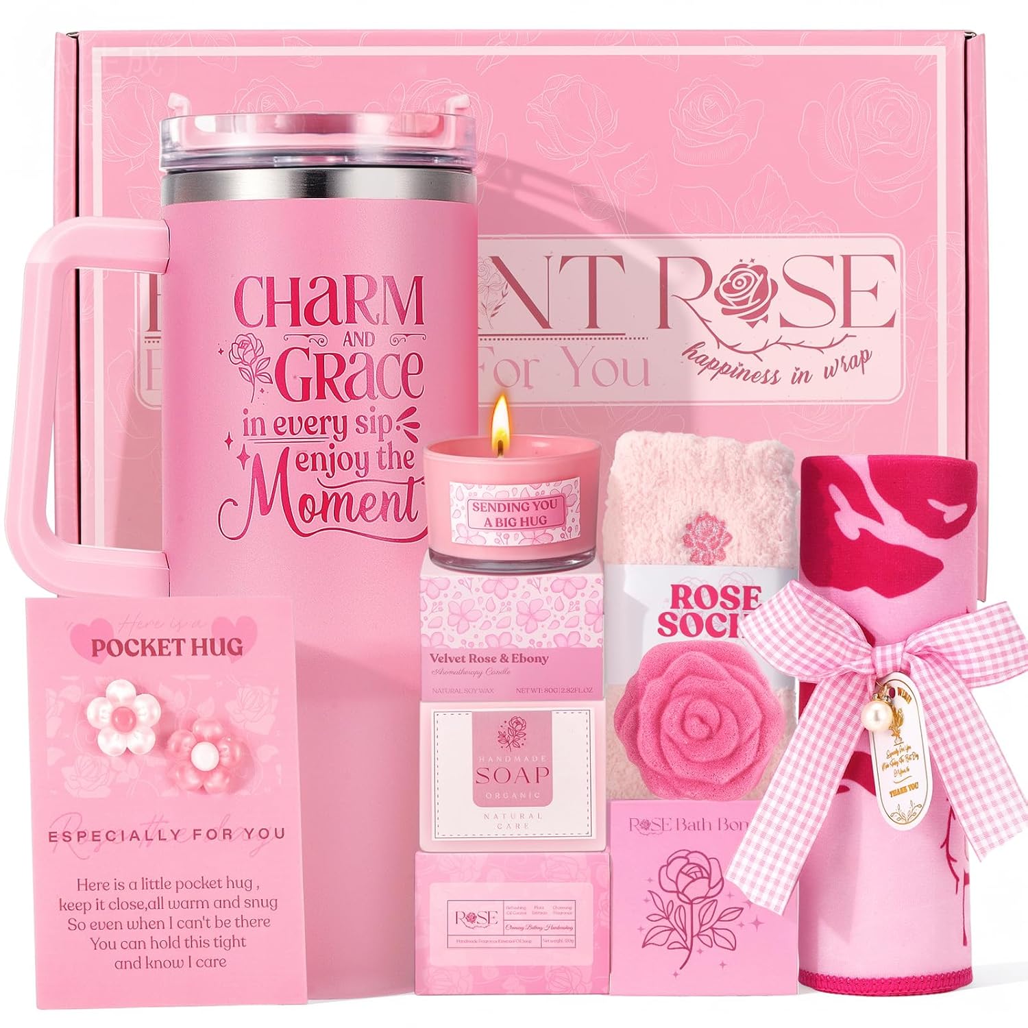 Pink Gifts for Womens Self Care Essentials Gift Set - Pink Birthday Gifts Box for Women Spa Gift Basket for Mom Sister Best Friend Work Friend, Gift Package for Women Pampering Gifts w/ 40oz Tumbler