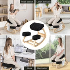 Ergonomic Kneeling Chair, Rocking Posture Desk Chair with Soft Padding, Natural Relief for Neck, Shoulder or Back Pain, Wooden Knee Chair for Home Office