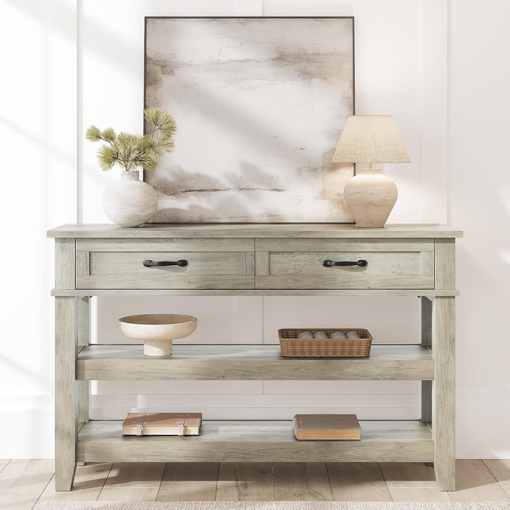 GarveeHome Entryway Table, Console Table with 2 Storage Drawers, 3 Tier Farmhouse Wooden Sofa Table, Hallway Tables for Entryway, Living Room, Rustic Grey