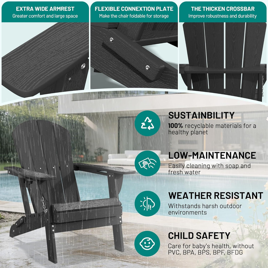 PLUUV Folding Adirondack Chair Set of 2, Easy Storage Space Saving, 380 LBS Capacity Weather Resistant HDPE with Two-Cup Holder for Outdoor Patio Fire Pit Gathering, Black