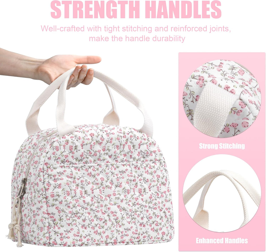 BuyCard Insulated Lunch Bag Women, Reusable Corduroy Cute Lunch Box, Leakproof Floral Lunch Tote Bag with Large Capacity, Small Cooler Lunch Container for Work Office Travel Picnic (Pink Floral)