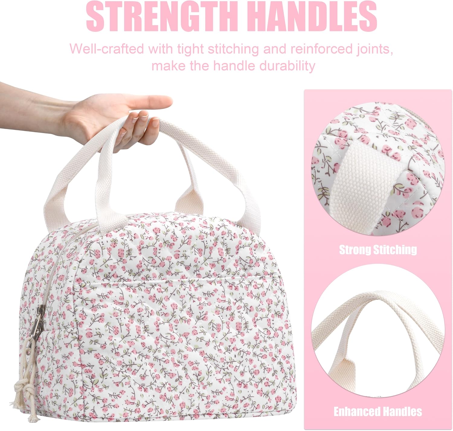 BuyCard Insulated Lunch Bag Women, Reusable Corduroy Cute Lunch Box, Leakproof Floral Lunch Tote Bag with Large Capacity, Small Cooler Lunch Container for Work Office Travel Picnic (Pink Floral)