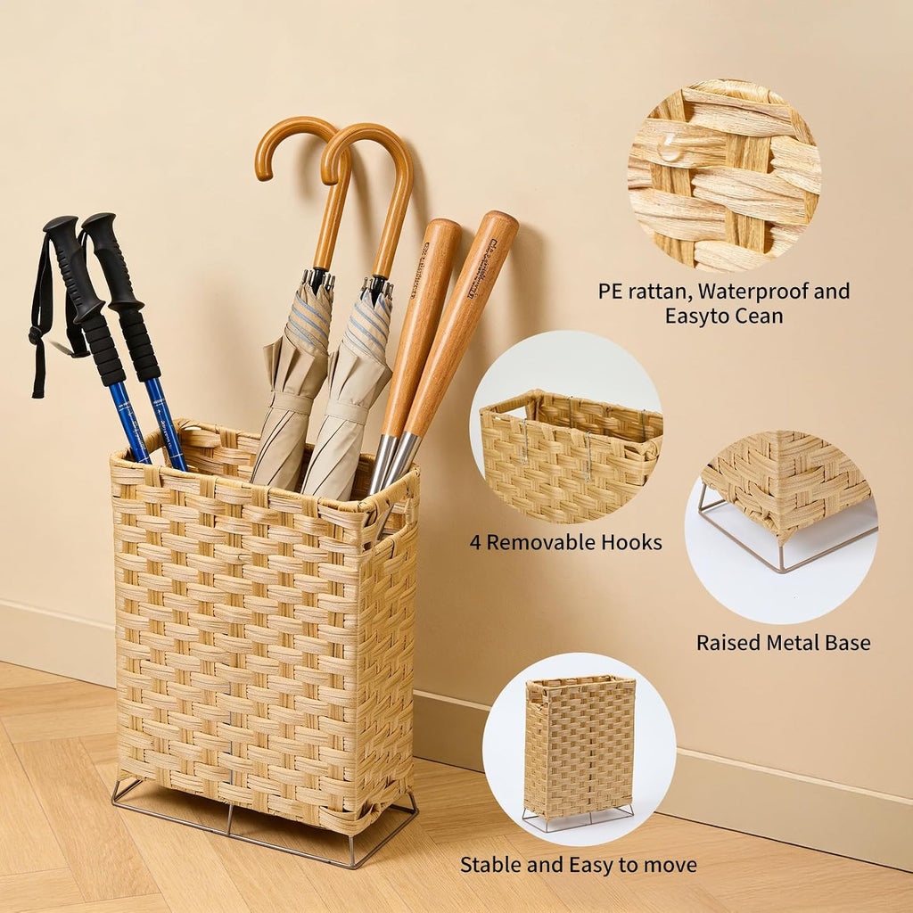 Rattan Umbrella Stand with Built-in Water Reservoir & Hooks, Hand Woven Umbrella Rack Organizer Freestanding - Stable, High-Capacity Organizer for Home and Office - 11.8" L x 5.5" W x 16.5" H