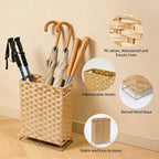 Rattan Umbrella Stand with Built-in Water Reservoir & Hooks, Hand Woven Umbrella Rack Organizer Freestanding - Stable, High-Capacity Organizer for Home and Office - 11.8" L x 5.5" W x 16.5" H