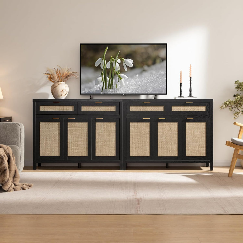 SICOTAS Rattan Sideboard Buffet Cabinet with Storage, Boho Credenza Accent Cabinet with 3 Doors and 2 Drawers, Farmhouse Console Coffee Bar for Kitchen, Living Room, and Entryway, Black Oak
