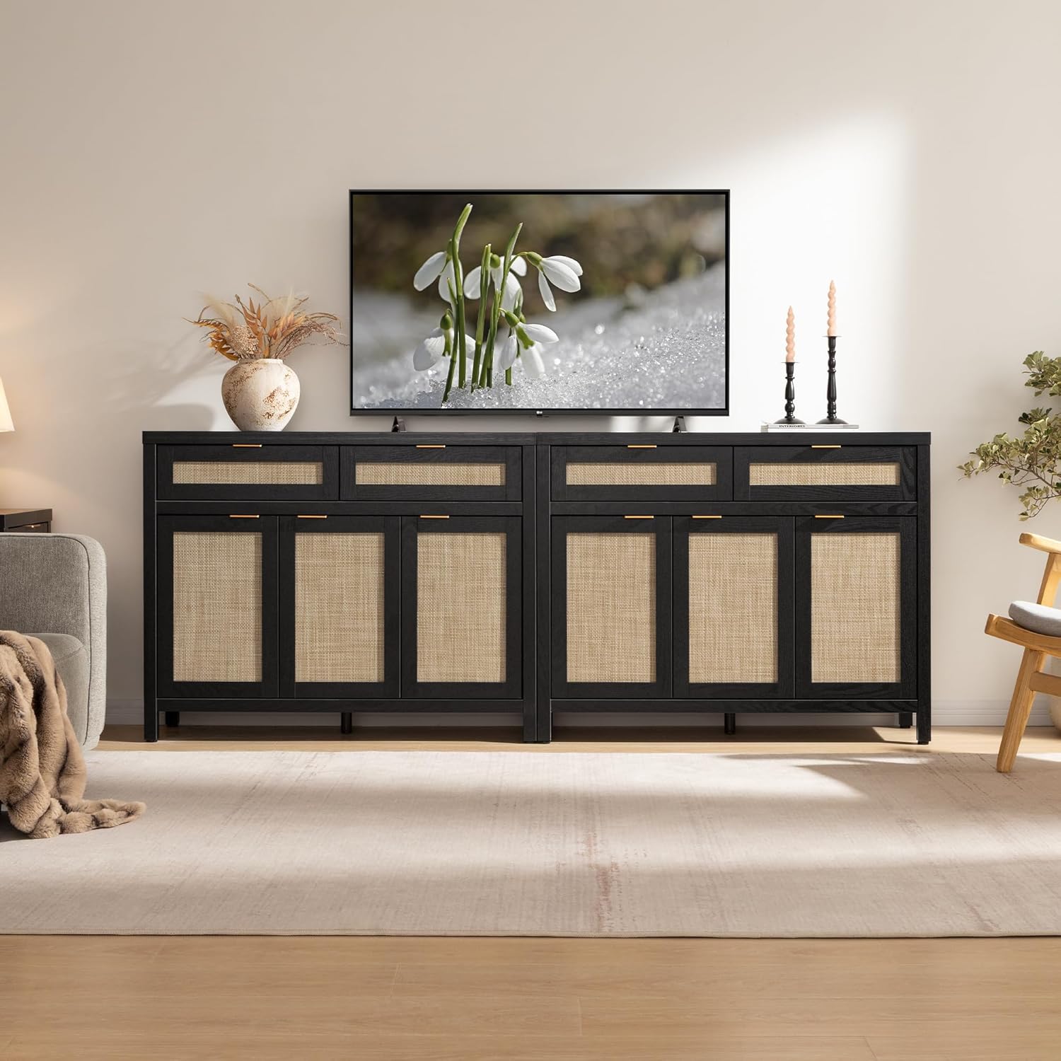 SICOTAS Rattan Sideboard Buffet Cabinet with Storage, Boho Credenza Accent Cabinet with 3 Doors and 2 Drawers, Farmhouse Console Coffee Bar for Kitchen, Living Room, and Entryway, Black Oak
