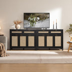 SICOTAS Rattan Sideboard Buffet Cabinet with Storage, Boho Credenza Accent Cabinet with 3 Doors and 2 Drawers, Farmhouse Console Coffee Bar Cabinets for Living Room Kitchen Entryway, Black Oak, 2 PCS