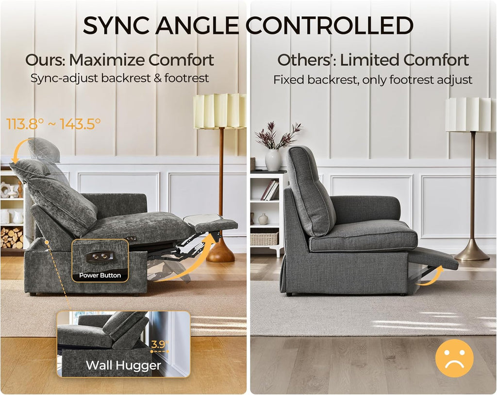 138.6'' Oversized Power Recliner Sofa with Headrest, Modular Cloud Sectional Couch with Convertible Table, Charging, Drawer, Cup Holder, 4-Seater with Storage Ottoman, Chenille, Grey