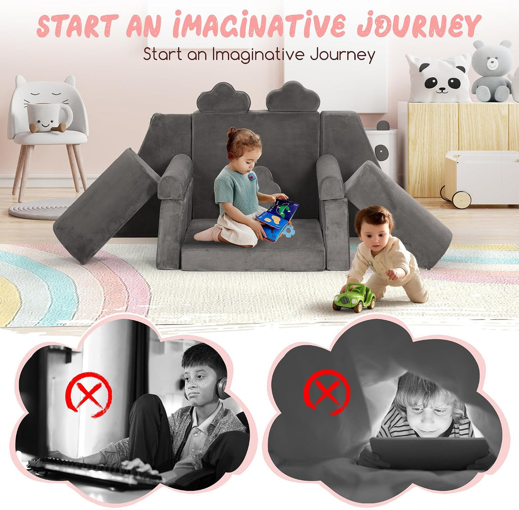 Modular Play Sofa 14-Piece Foam DIY with Washable Velvet Cover 100% Stain Removal Easy Assembly for Active Playroom Seating and Creative Space Design