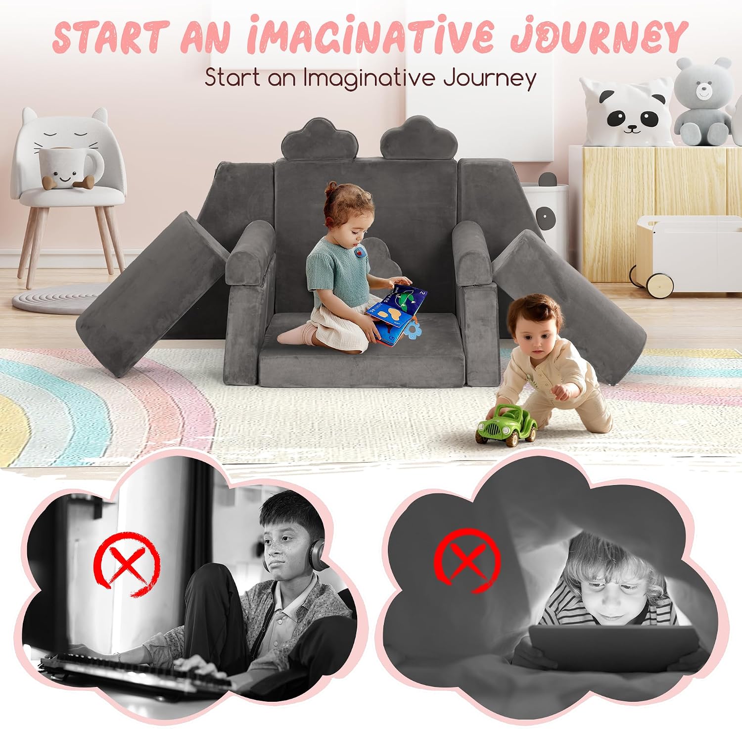 Modular Play Sofa 14-Piece Foam DIY with Washable Velvet Cover 100% Stain Removal Easy Assembly for Active Playroom Seating and Creative Space Design