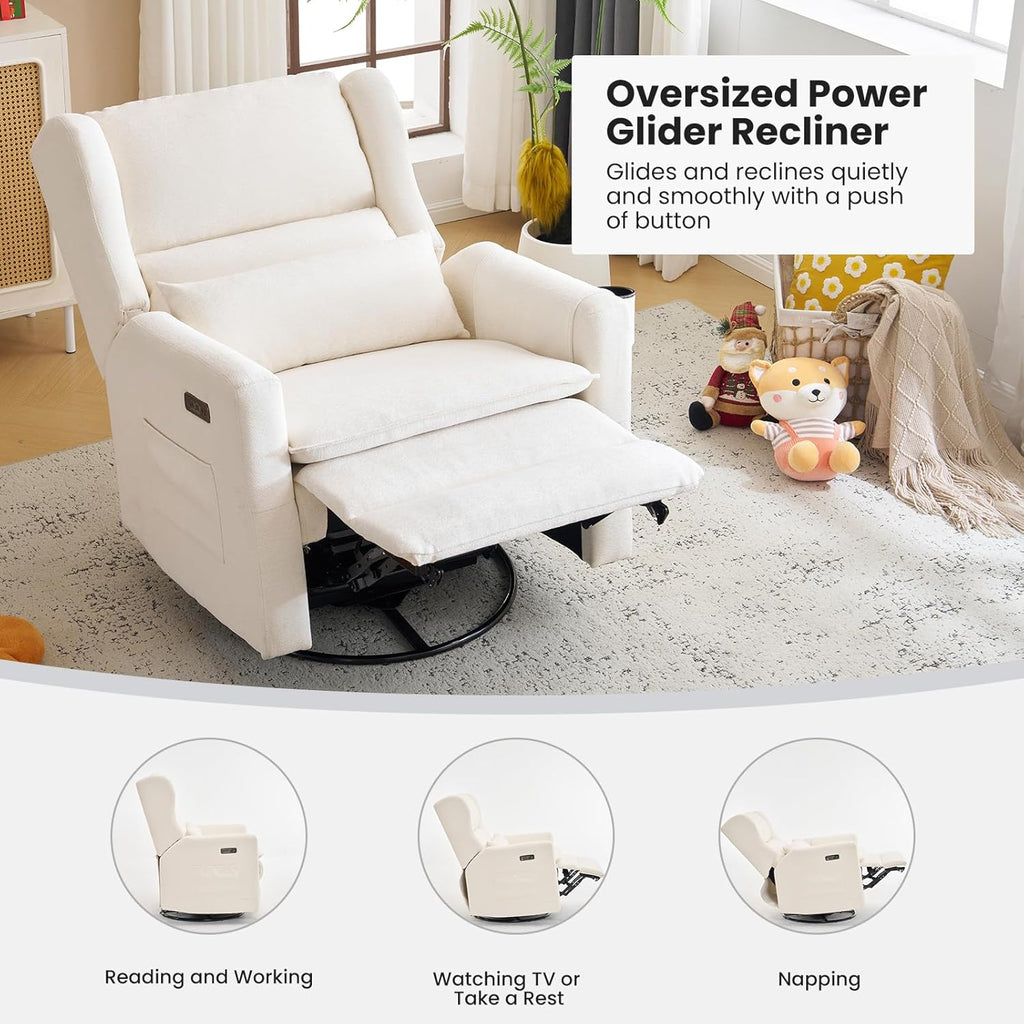 Oversized Swivel Rocker Recliner with Lumbar Cushion, Power Recliner Nursery Chair with Adjustable Headrest, Nursery Glider Recliner for Living Room, White