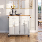 BELLEZE Rolling Kitchen Island Cart on Wheels with Storage Cabinet, Mobile Kitchen Cart Island Table with 2 Drawers Towel Racks Rubber Wood Top Coffee Bar for Dinning Room, 41.7”Lx18.5”Wx37”H, White