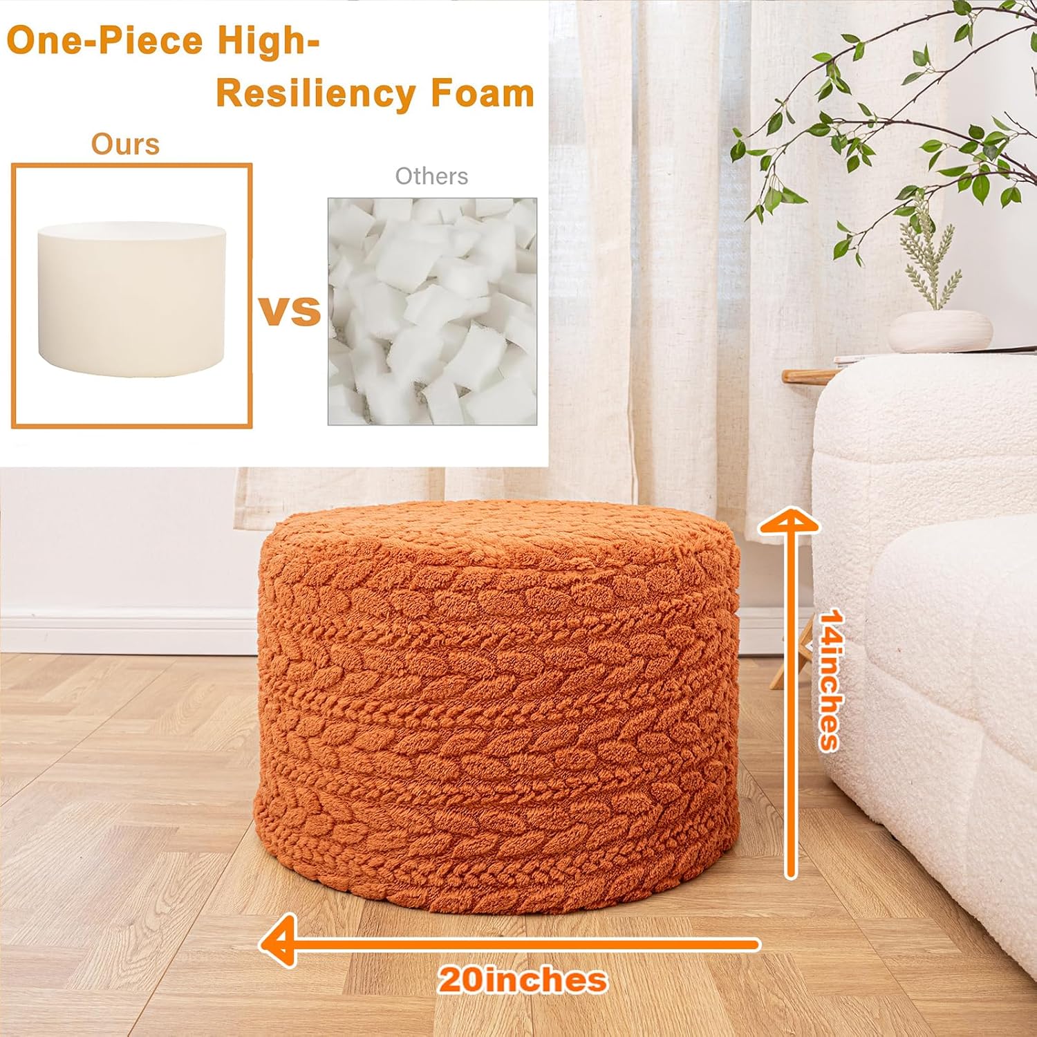 Round Pouf Ottoman 20 x 20 x 14 Inches Boho Poof Home Decor Floor Pouffe Ottoman Foot Rest for Couch Sofa Bean Bag Chairs Living Room Bedroom (Burnt Orange)