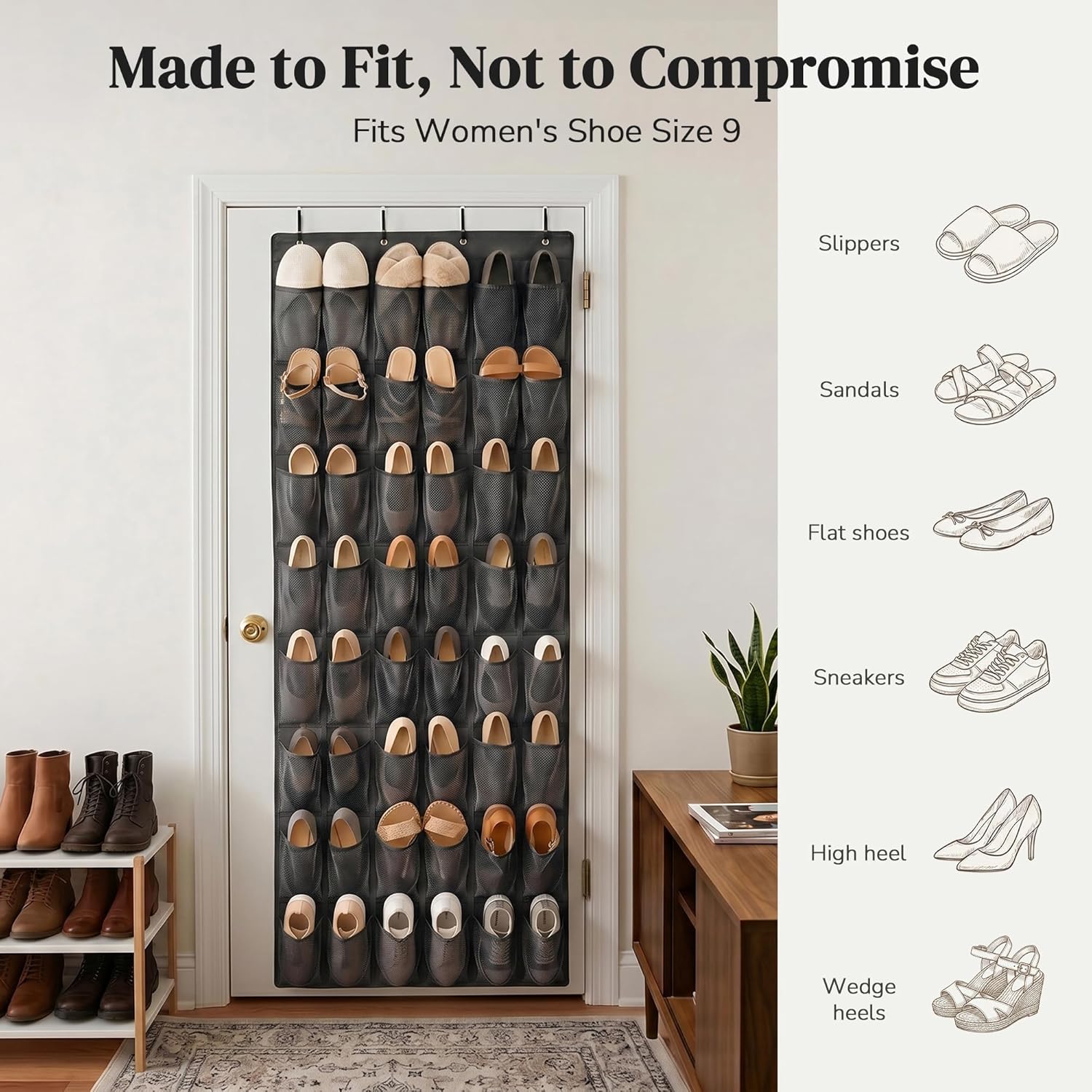 48 Pockets Over the Door Shoe Organizer, Large Mesh Hanging Shoe Rack, 6-Column Heavy Duty Shoe Storage for Sneakers and Heels, Behind Door Holder for Entryway Bedroom Dorm College, Black