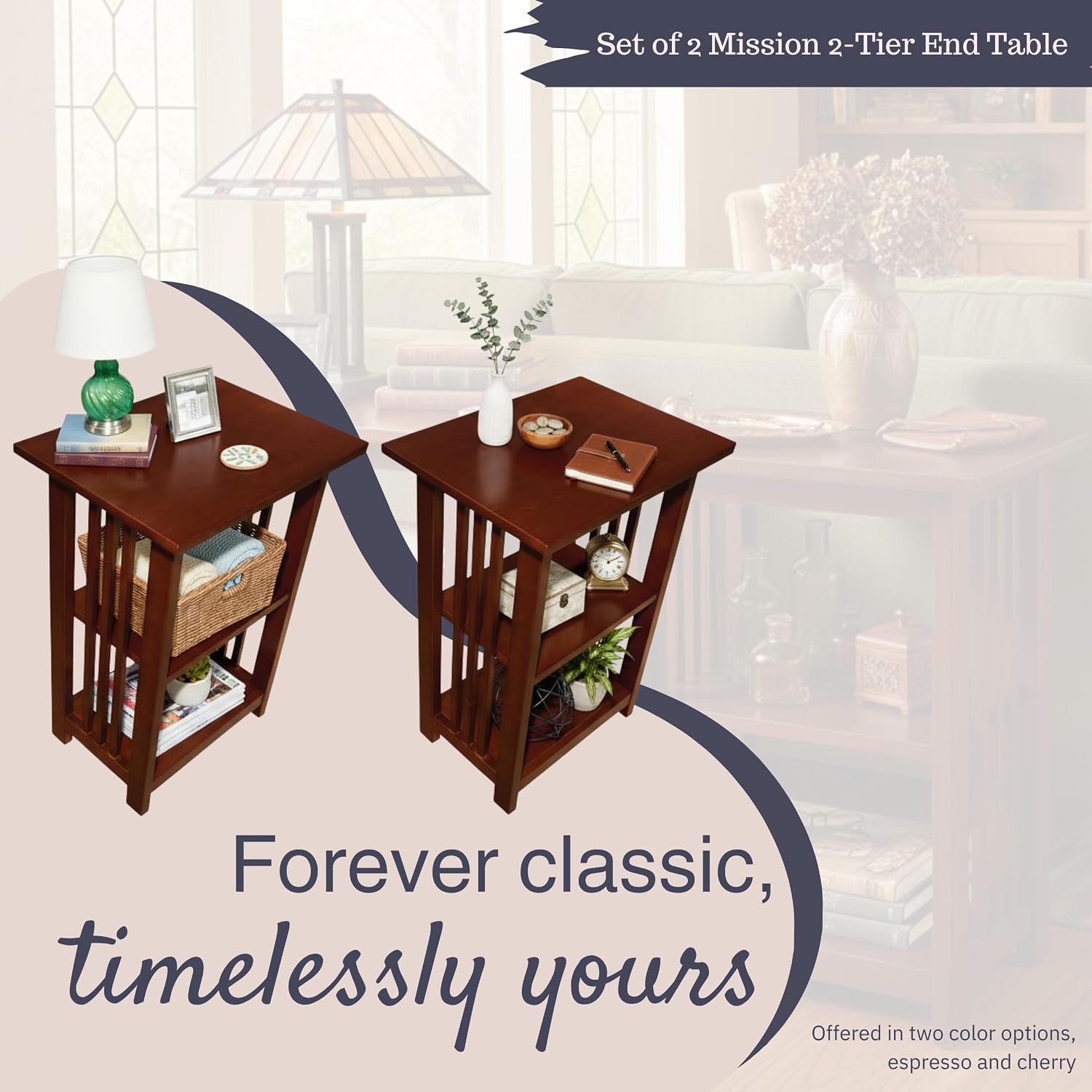 Alaterre Furniture Mission 3-Tier End Table Set of 2 – Craftsman Style Wood Side Table with Vertical Slat Side Panels and Open Storage for Living Room, Bedroom, or Cozy Reading Nook (Cherry)
