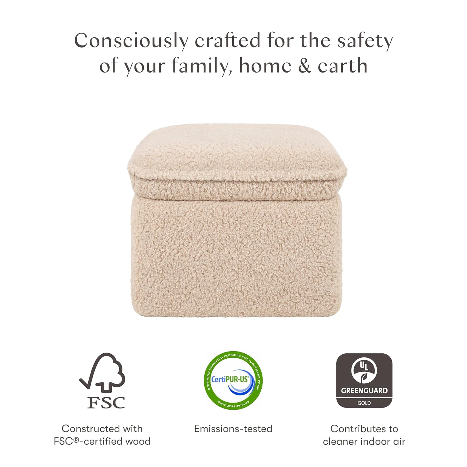 Babyletto Cali Storage Ottoman in Chai Shearling, Greenguard Gold Certified