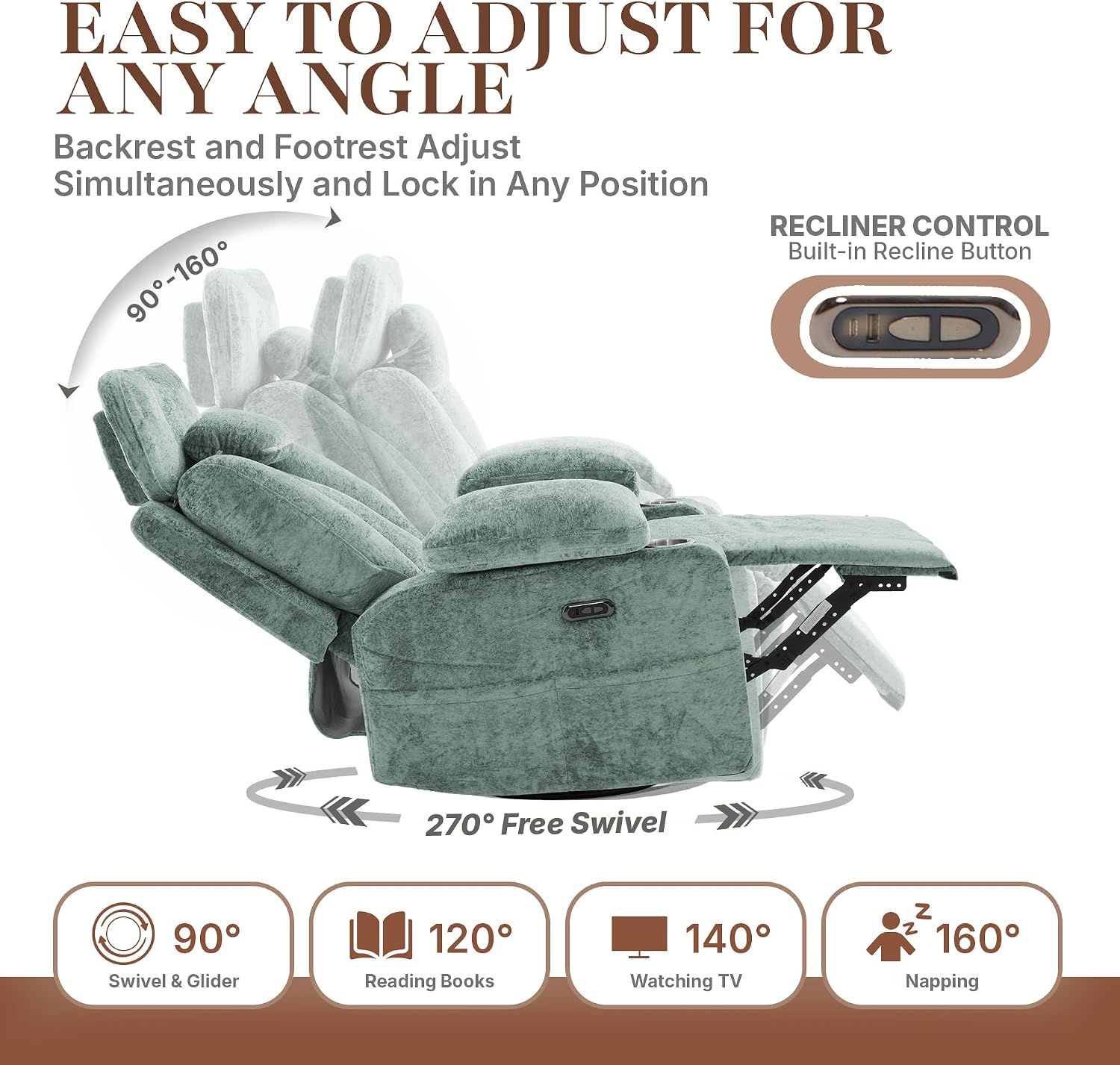 Recliner Chair, 360° Swivel Rocker Recliner for Adults, Rocking Recliners with Massage & Heat, Nursery Rocking Chairs with Cup Holders, Manual Reclining Glider for Living Room, Nursery