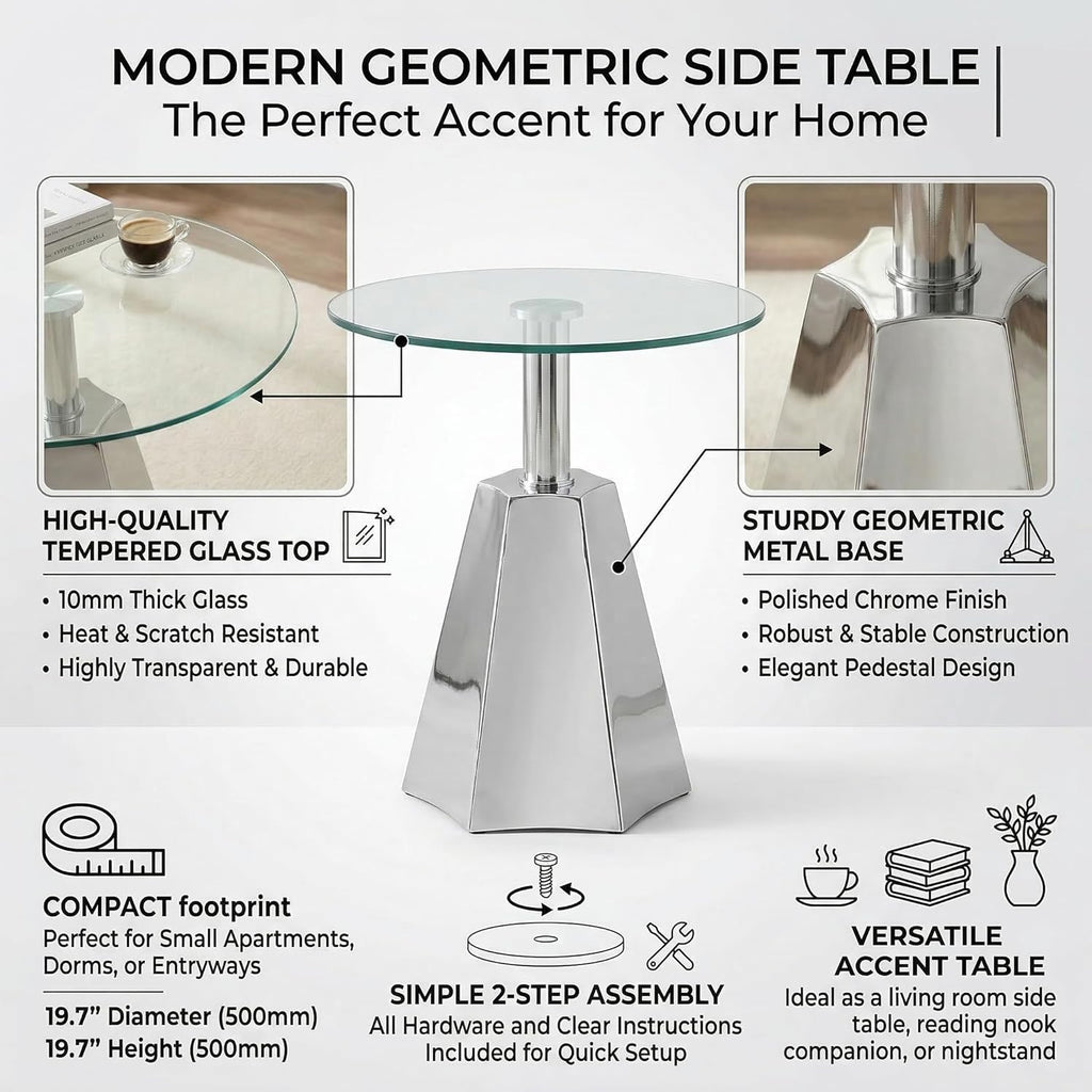 FT Global Round Glass Side Table, 19.7" Clear Tempered Glass Top with Chrome Polished Stainless Steel Base, Tool-Free Assembly Modern Accent