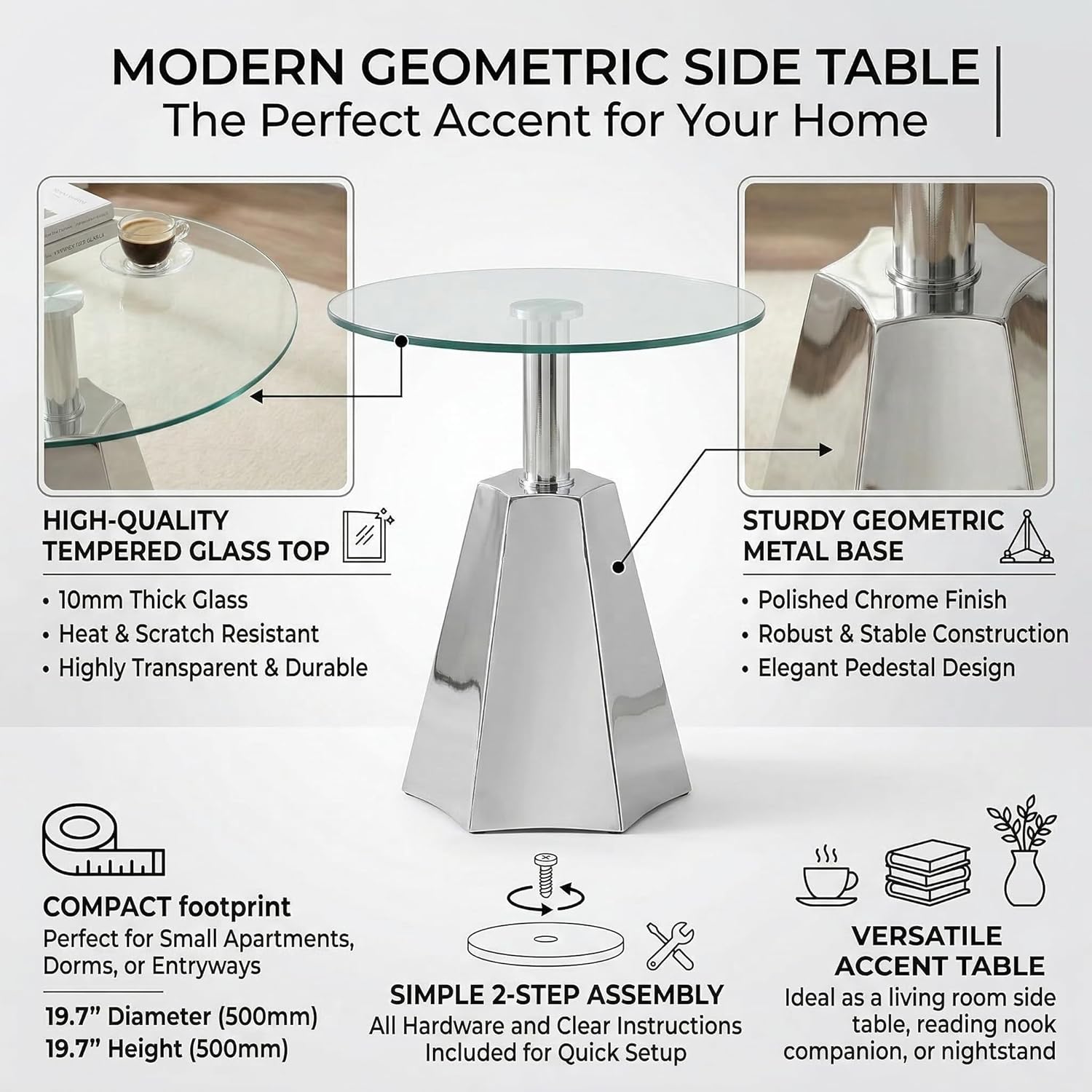 FT Global Round Glass Side Table, 19.7" Clear Tempered Glass Top with Chrome Polished Stainless Steel Base, Tool-Free Assembly Modern Accent