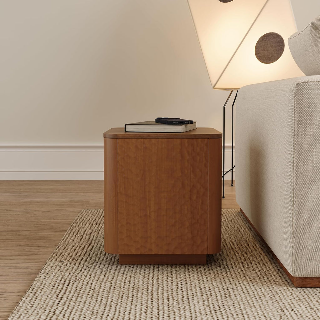 20 inch Square End Table, Wooden Sofa Side Table with Hammered Pattern & Solid Wood Veneer, Mid Century Modern Nightstand, Accent End Table for Living Room, Bedroom, Home Office, Walnut