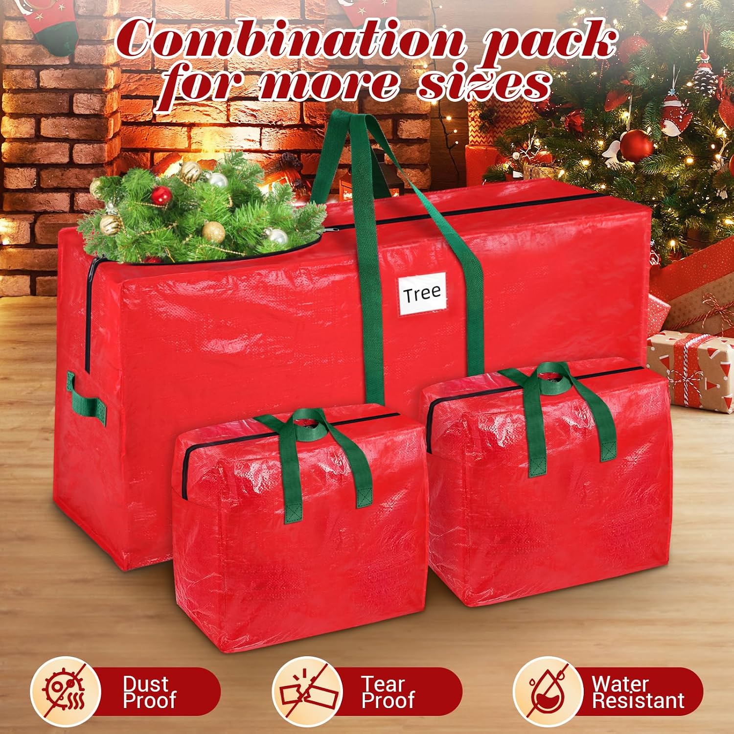 BlessedSeason Christmas Tree Storage Bag 9 Ft With 2 Large Tinsel Garland Bags, Waterproof Material, Reinforced Handles & Dual Zipper (Red)
