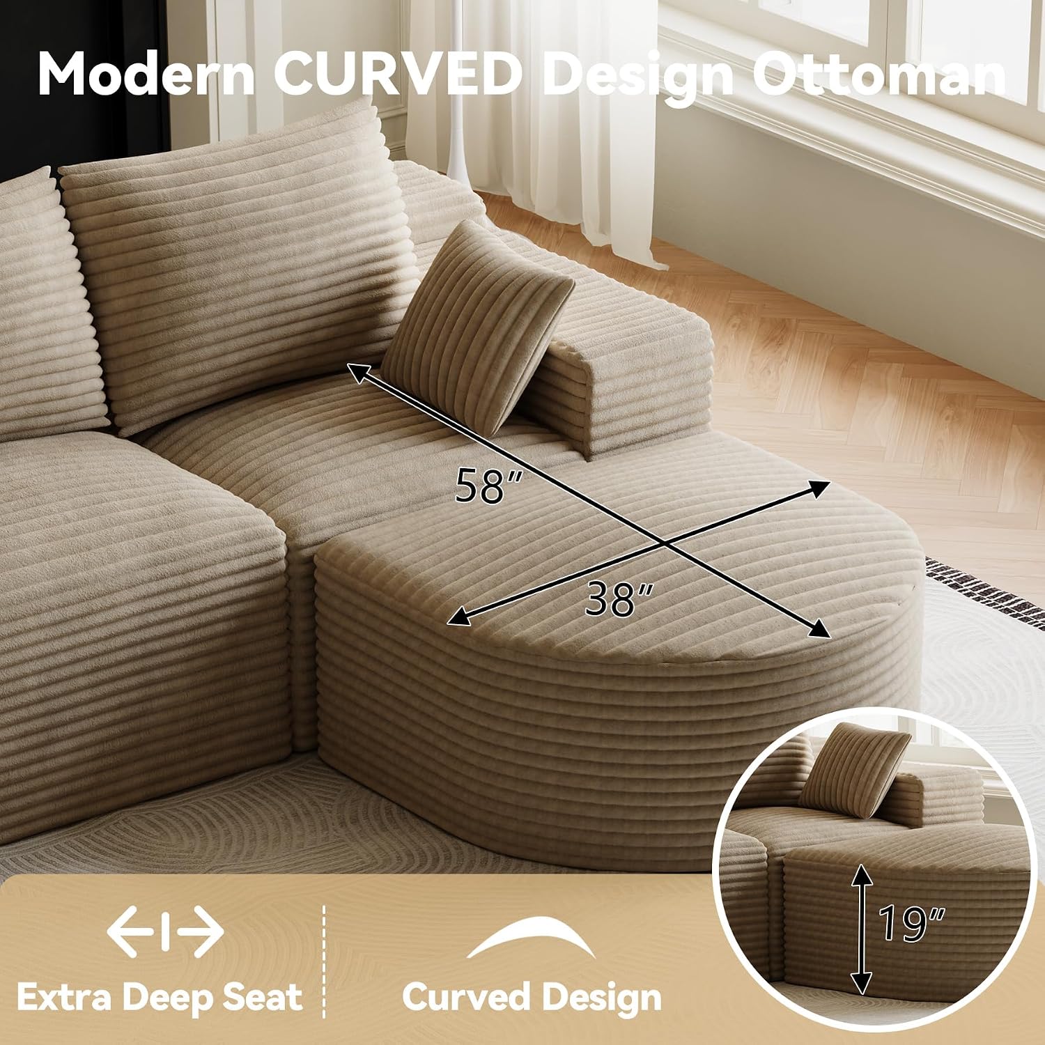 108" U-Shaped Boneless Couches for Living Room,Comfy Fluffy Cloud Sectional Couch with Curved Ottoman, Modern Plush Corduroy Deep Seat Modular Sectional Sofa for Small Spaces, Light Brown
