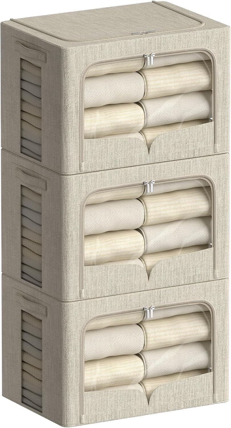 FHSQX 3 Pack Clothes Storage Bins - Foldable Metal Frame Storage Box - Stackable Linen Fabric Container Organizer Set with Carrying Handles and Clear Window (Beige, 16.5x12.2x12.2inch(40L))