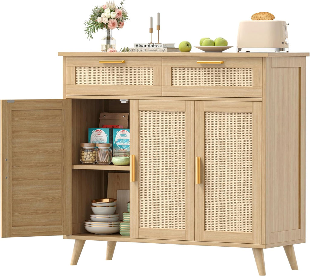 Akxomel Rattan Sideboard Buffet Cabinet with Storage, 35.4" W Buffet Cabinet with 2 Drawers and 3 Doors, Sideboard Storage Cabinet with Adjustable Shelves for Kitchen, Living Room, Natural Oak