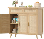 Akxomel Rattan Sideboard Buffet Cabinet with Storage, 35.4" W Buffet Cabinet with 2 Drawers and 3 Doors, Sideboard Storage Cabinet with Adjustable Shelves for Kitchen, Living Room, Natural Oak