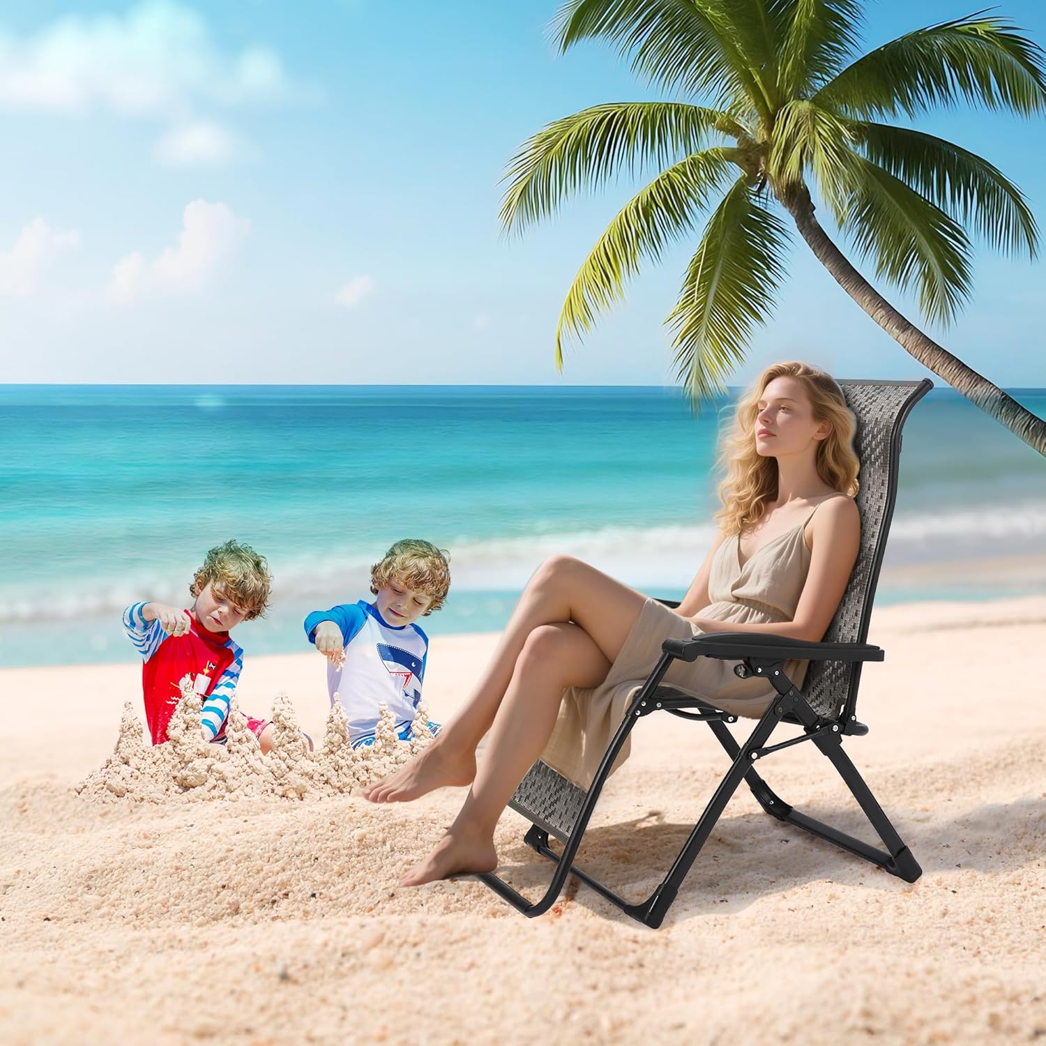 Rattan Chaise Lounge Chair with Widened Armrest Heavy Duty Wicker Adjustable Foldable Outdoor Patio Beach Camping Recliner Chair for Poolside Garden Backyard Lawn
