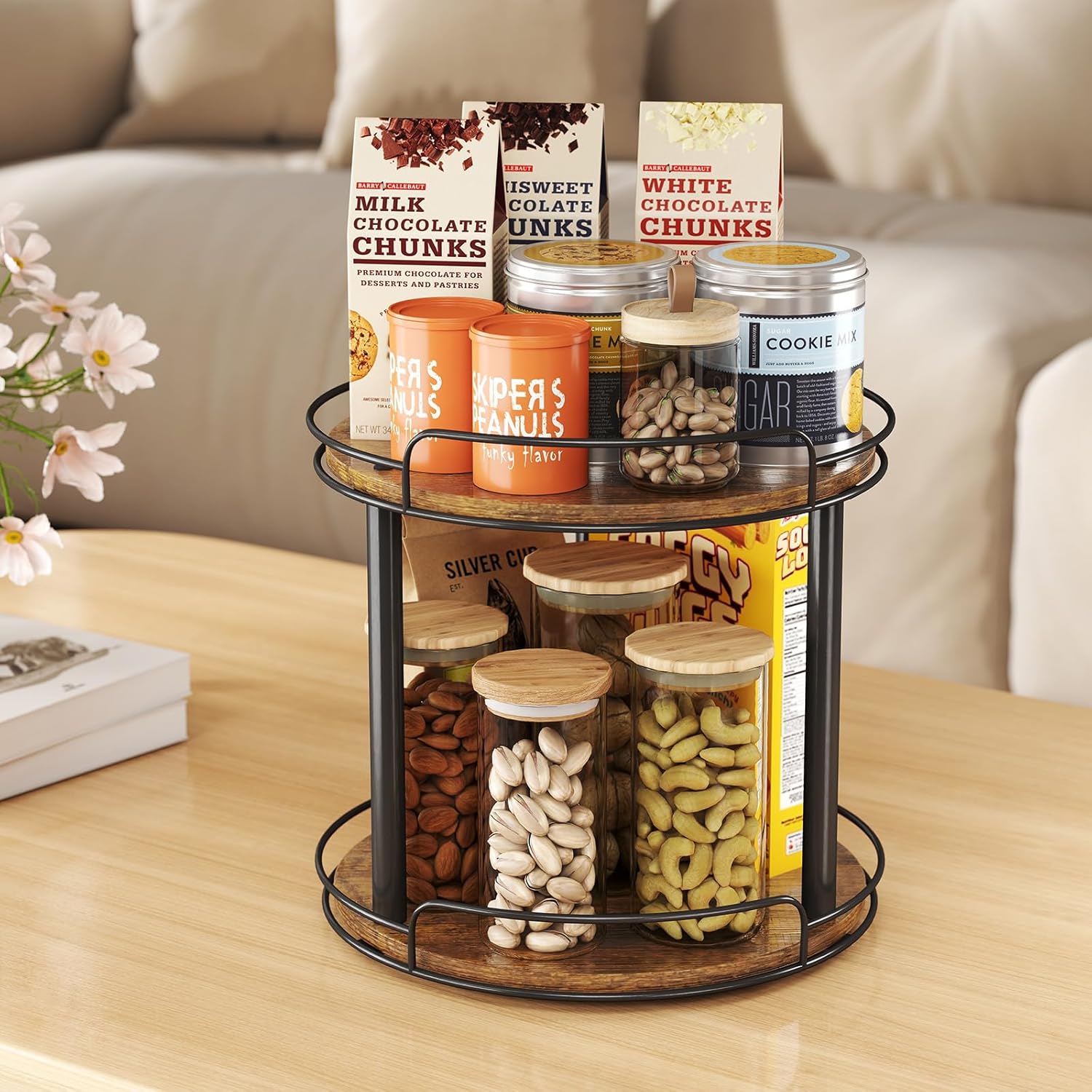 LAMU 9'' Wood Lazy Susan Turntable Organizer for Cabinet, 2 Tier Lazy Susan Spice Rack Organizer for Kitchen, Table Top, Countertop, Pantry, Medicine Organizer