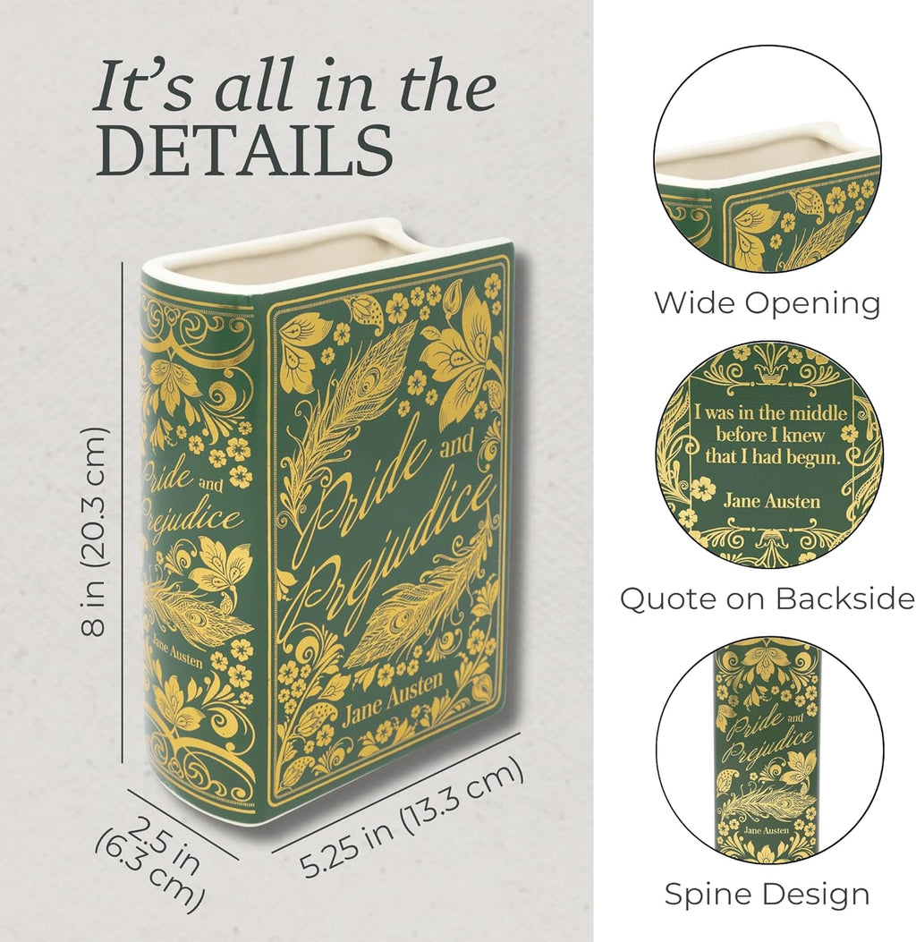 Steel Mill & Co Original Large Book-Shaped Decorative Vase, Ceramic Vases for Home Decor, Cute Bookshelf Decor, Unique Vase for Book Lovers (Pride and Prejudice - Collector's Edition)
