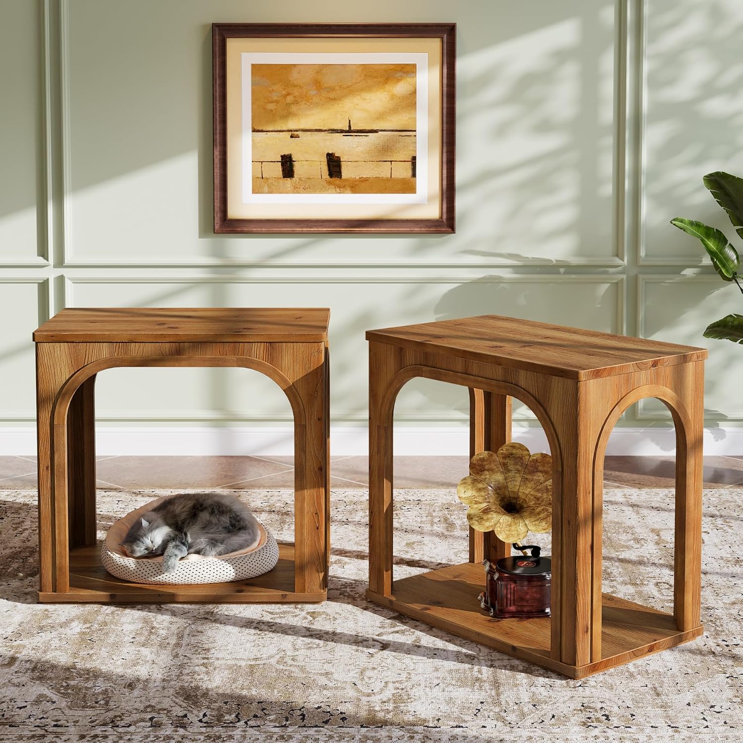 Tribesigns Arched Side Table, 2-Tier Farmhouse Solid Wood End Table with Bottom Shelf, Wooden Night Stand for Living Room, Bedroom, Rustic Brown
