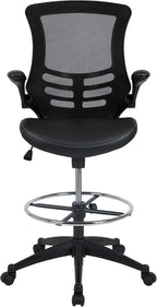EMMA + OLIVER Mid-Back Black Mesh/LeatherSoft Ergonomic Drafting Chair with Flip-Up Arms