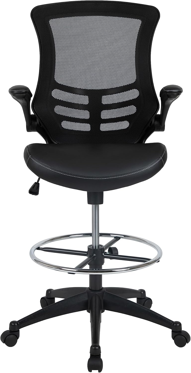 EMMA + OLIVER Mid-Back Black Mesh/LeatherSoft Ergonomic Drafting Chair with Flip-Up Arms
