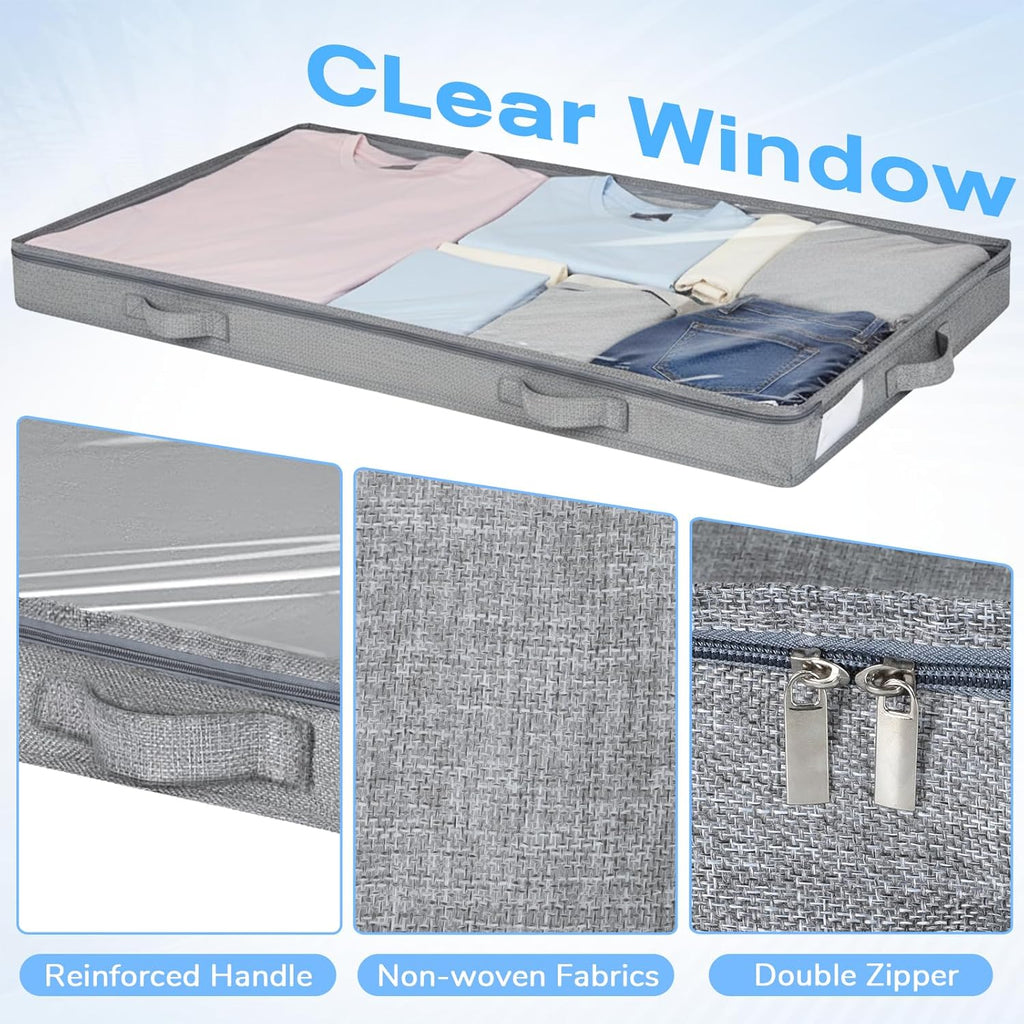 4 Pack Under Bed Storage, Below 4 Inches Underbed Storage Containers Low Profile No Sidewalls Foldable Shallow Storage Bins Organizer with Clear Lid and Zipper